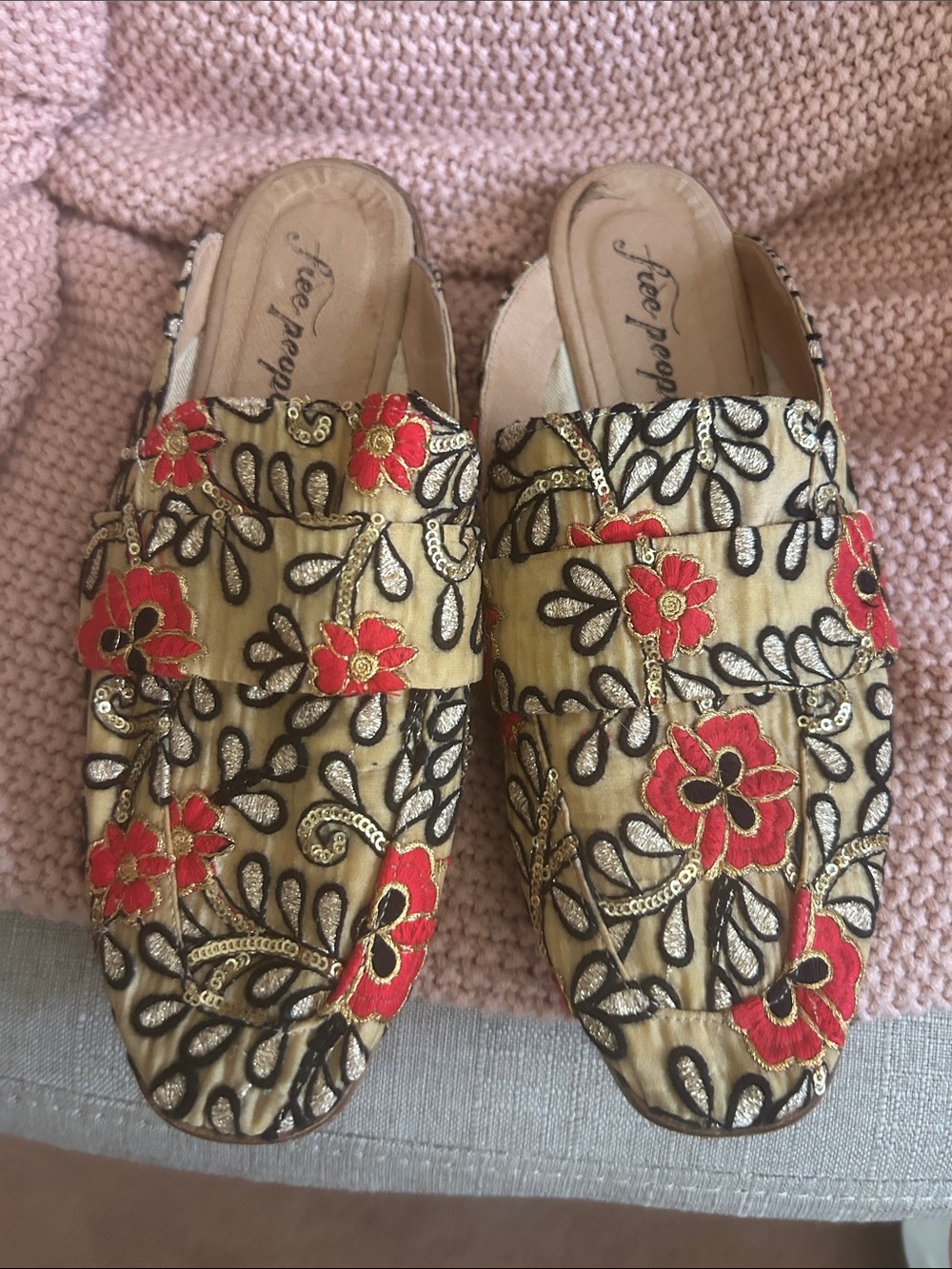 Free People Gold Embroidered Floral Mules with Red Accents